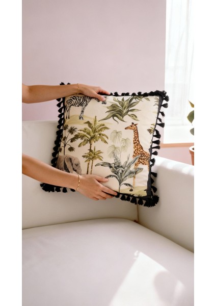 Safari Serisi Jungle Parade Püsküllü Kırlent Kılıfı 42X42 cm | Tropikal & Safari Hayvanları Desenli Yastık fırsatları