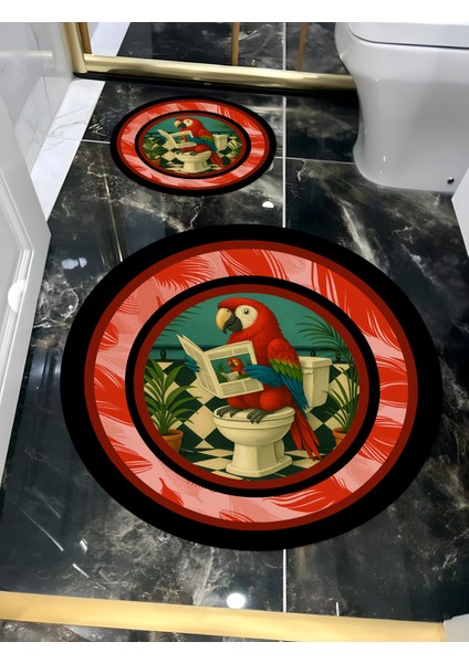 Renkli Yuvarlak Banyo Paspası, Gazete Okuyan Papağan Motifli, Modern Tasarım