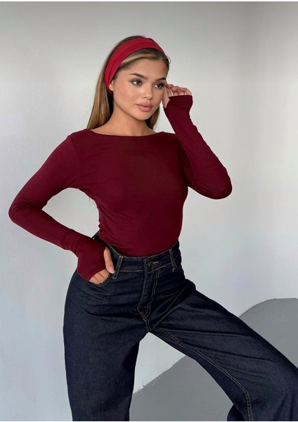 Kayık Yaka Parmak Geçirmeli Modal Kumaş Bluz