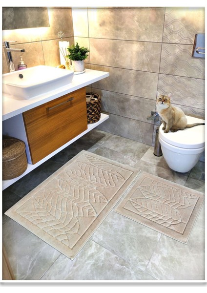 Yaprak Desenli Pamuk Dokuma Su Emici Banyo Paspas Seti, 2'li, 60X100 ve 60X50