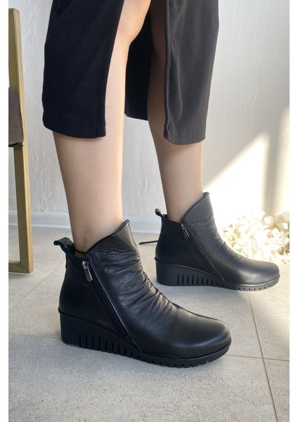 Hakiki Deri Siyah Ortopedik Taban Dolgu Topuk Kadın Bot TMD202523 indirimleri