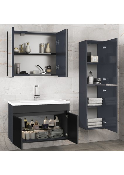 Viola1 Antrasit 65+35 cm Ayna Dolaplı, Boy Dolaplı, Seramik Lavabolu Mdf Banyo Dolabı Seti--Hazır Kurulu-- fiyatları