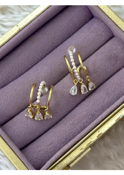 Üçlü Gold Damla Taşlı Küpe