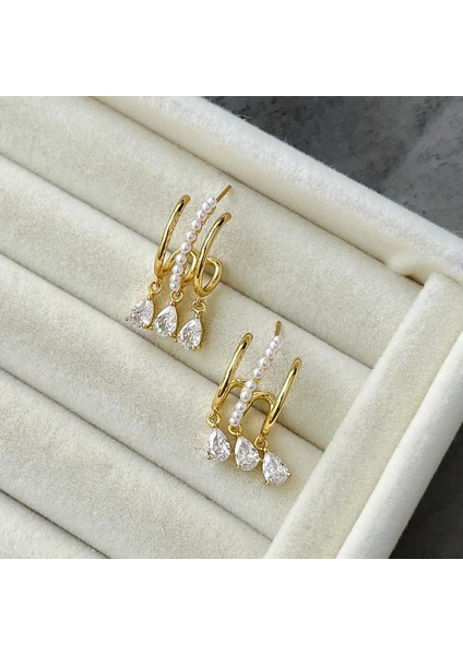 Üçlü Gold Damla Taşlı Küpe fiyatları