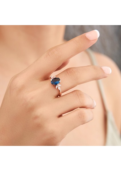 925 Ayar Rose Kaplama Oval Safir Taşlı Gümüş Yüzük fiyatları