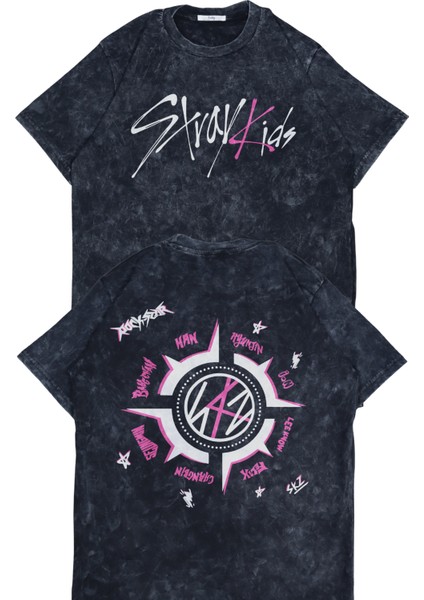 Oversize Stray Kids Sırt Baskılı Yıkamalı Tişört, Unisex Kore Müzik Grubu Retro T-Shirt