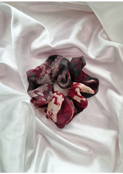 Kadın Bordo Siyah Desenli Tül Toka – Tekli Lastik Model Scrunchie