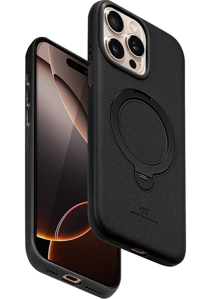 iPhone 14 Pro Max Vapor Deri Magsafe Standlı Kılıf - Siyah