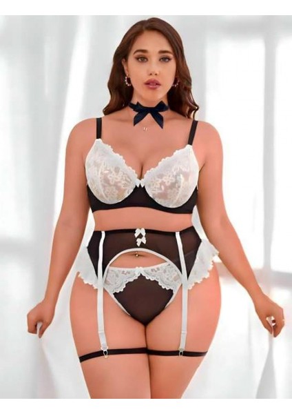 Büyük Beden Siyah Beyaz Dantel Işlemeli Fantezi Jartiyer Takımı fiyatları