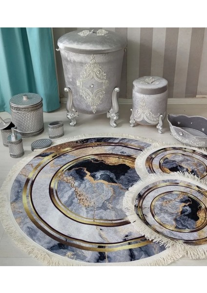 Dijital Baskılı Kaymaz Taban Deri Taban 3'lü Banyo Paspas Takımı Kahverengi