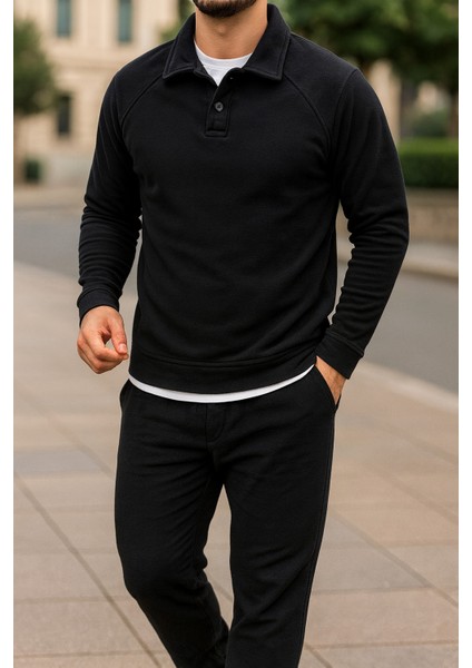 Erkek Polo Yaka Düğmeli Polar Sweatshirt Reglan Kol