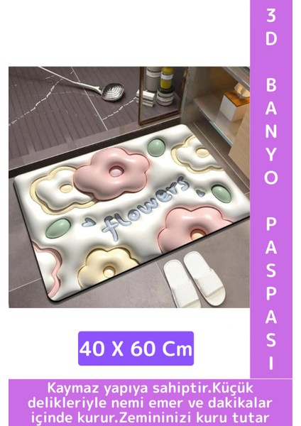Dayanıklı Uzun Ömürlü Kaymaz Leke Tutmaz Ultra Su Nem Koku Emici Çok Şık 3D Banyo Paspası 40X60 cm