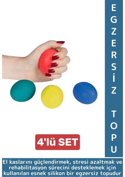 Ergonomik Stres Egzersiz Rehabilitasyon Fizyoterapi Silikon El Bilek Parmak Güçlendirme Topu 4lü Set