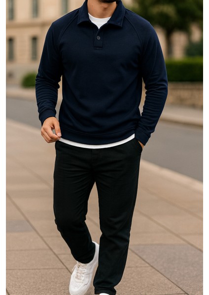 Erkek Polo Yaka Düğmeli Polar Sweatshirt Reglan Kol