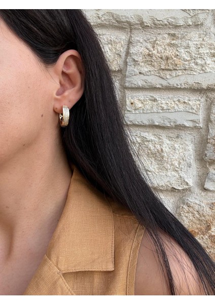 Özel Seri Iki Sıra Zirkon Taş Detay 14K Halka Gold Küpe