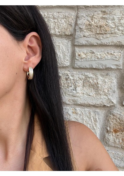 Özel Seri Iki Sıra Zirkon Taş Detay 14K Halka Gold Küpe fiyatları