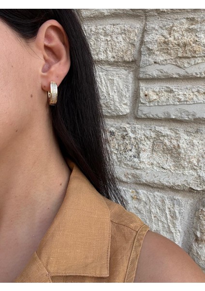 Özel Seri Iki Sıra Zirkon Taş Detay 14K Halka Gold Küpe modelleri