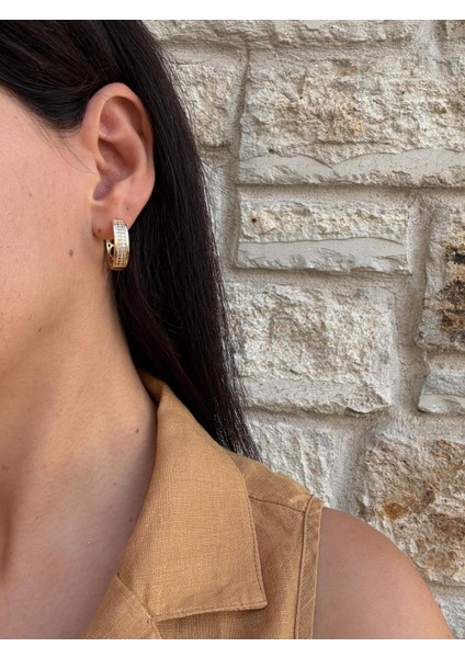 Özel Seri Iki Sıra Zirkon Taş Detay 14K Halka Gold Küpe