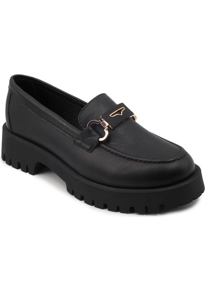 Siyah Deri Loafer Kadın Ayakkabı