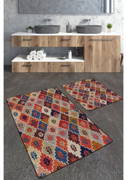 Turuncu Kilim Desenli Büyük Boy Banyo Paspas Seti 2'li, Şık ve Kullanışlı Ev Aksesuarı.