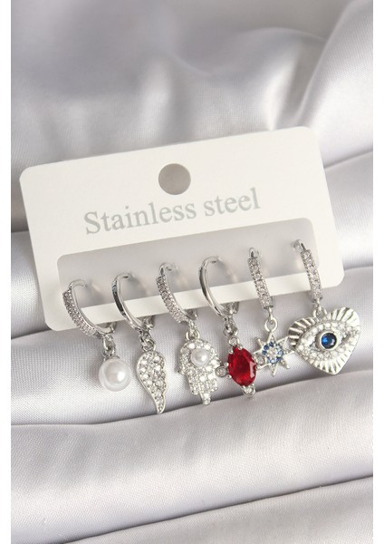 Pirinç Gümüş Renk Zirkon Taşlı Fatma Ana El Figür Kadın Küpe Seti