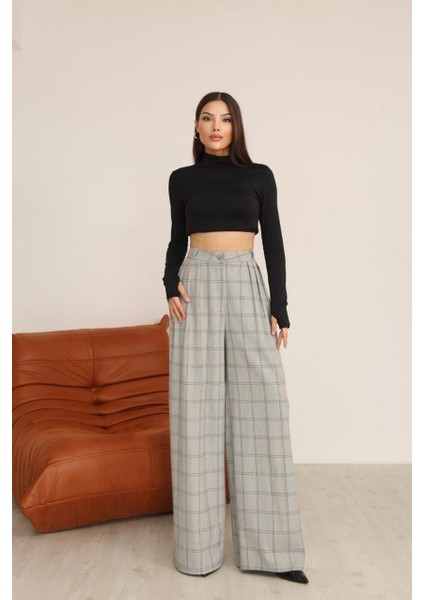 Gri Ekoseli Palazzo Pantolon – Poliviskon Kumaş, Yüksek Bel ve Geniş Paça Şıklığı fiyatları