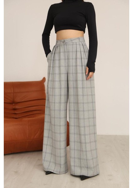 Gri Ekoseli Palazzo Pantolon – Poliviskon Kumaş, Yüksek Bel ve Geniş Paça Şıklığı fırsatları