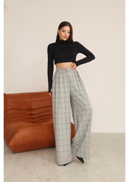 Gri Ekoseli Palazzo Pantolon – Poliviskon Kumaş, Yüksek Bel ve Geniş Paça Şıklığı indirimleri
