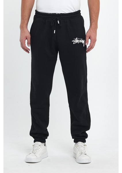 Stüssy Baskılı Regular Kışlık 3 Iplik Şardonlu Beli ve Paçası Lastikli Siyah Jogger Eşofman Altı
