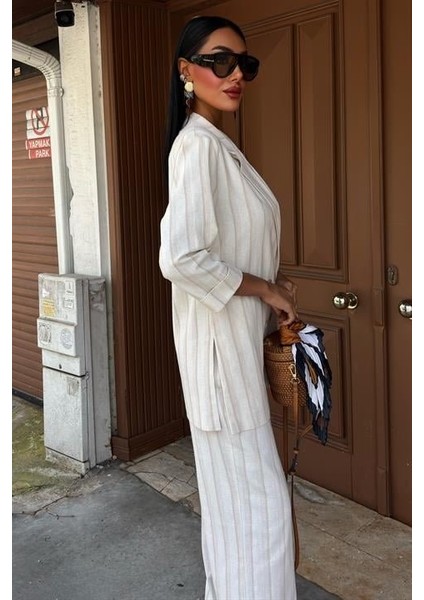 Blazer Ceketli Çizgili Keten Takım 10186 fırsatları