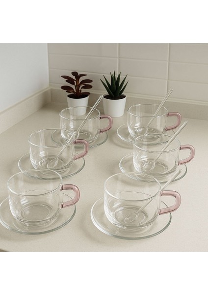 6'lı Borosilikat Cam Tabaklı ve Kaşıklı Sof Elegance Çay ve Kahve Kupası 330 ml