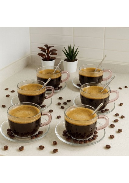 6'lı Borosilikat Cam Tabaklı ve Kaşıklı Sof Elegance Çay ve Kahve Kupası 330 ml fiyatları