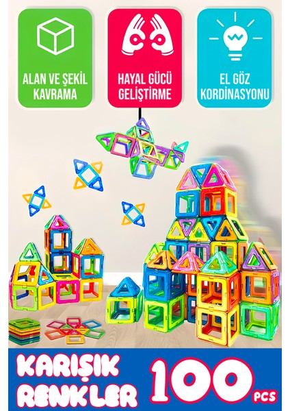 100 Parça Manyetik Yapı Blokları - Renkli Mıknatıslı Eğitici Oyuncak Seti Çocuk Zeka Geliştirici 3+