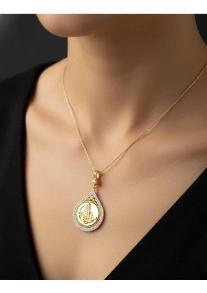 - 925 Ayar Gümüş Damla Model Tuğra Tasarımlı Altın Kaplama Renk Kolye fiyatları