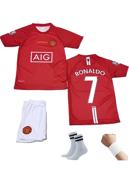 2008 Sezon Retro Ronaldo Kırmızı Futbol Çocuk Forması 4'lü Set Çorap Bileklik Hediyeli