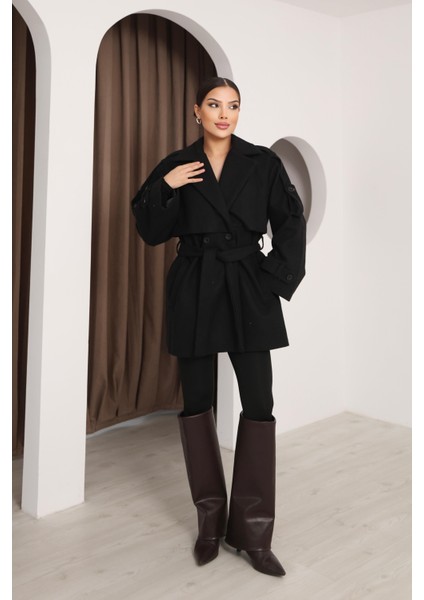 Kadın Siyah Kruvaze Oversize Kuşaklı Kaşe Kaban
