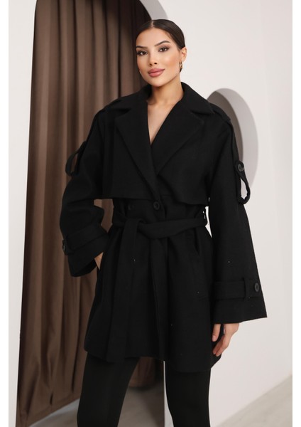 Kadın Siyah Kruvaze Oversize Kuşaklı Kaşe Kaban modelleri