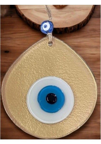 Mavi Nazar Boncuklu Gold Renk Nazar Boncuklu Damla Desen El Yapımı Duvar Süsü