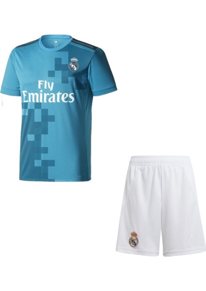 2018 Şampiyonlar Ligi Ronaldo Turkuaz Futbol Çocuk Forması 2'li Set (Beyaz Şortlu)