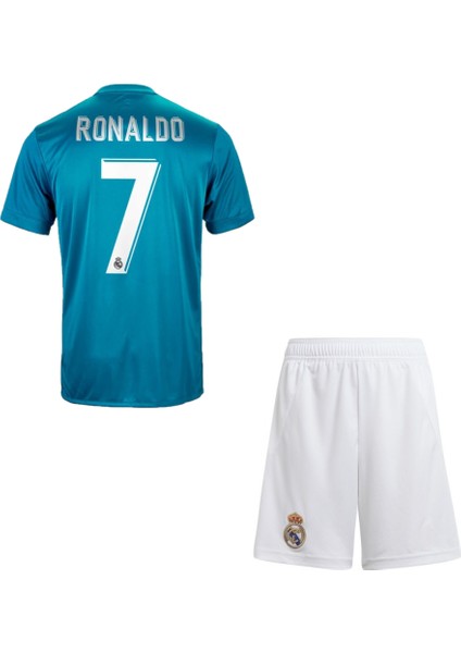 2018 Şampiyonlar Ligi Ronaldo Turkuaz Futbol Çocuk Forması 2'li Set (Beyaz Şortlu) fiyatları