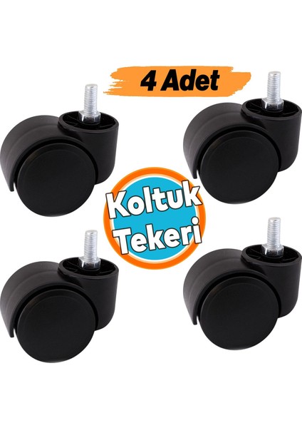 4 Adet Dönerli Koltuk Tekeri M8 Civatalı Siyah Renk Dayanıklı Plastik Mobilya Sandalye Ofis Tekerlek