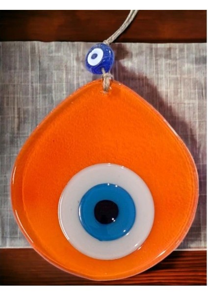 Mavi Nazar Boncuklu Şeffaf Turuncu Renk Nazar Boncuklu Damla Desen El Yapımı Duvar Süsü