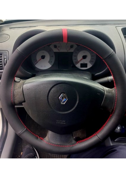 Dikişli Direksiyon Kılıfı Siyah Deri Noktalı Deri Kırmızı Yüzük Kırmızı Dikişli Reno Clio Symbol