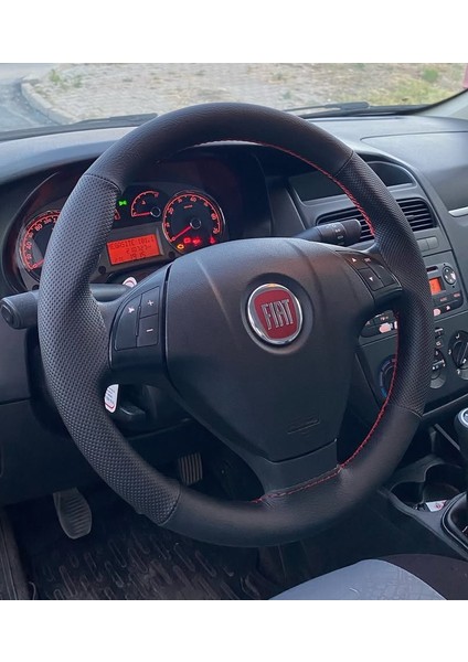Dikişli Direksiyon Kılıfı Siyah Deri Noktalı Deri Kırmızı Dikişli F.ıat Linea Için
