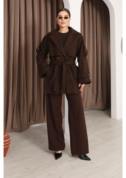 Kadın Kahverengi Kruvaze Oversize Kuşaklı Kaşe Kaban