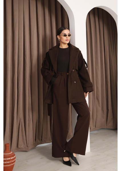 Kadın Kahverengi Kruvaze Oversize Kuşaklı Kaşe Kaban fiyatları