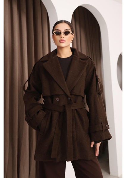 Kadın Kahverengi Kruvaze Oversize Kuşaklı Kaşe Kaban fırsatları