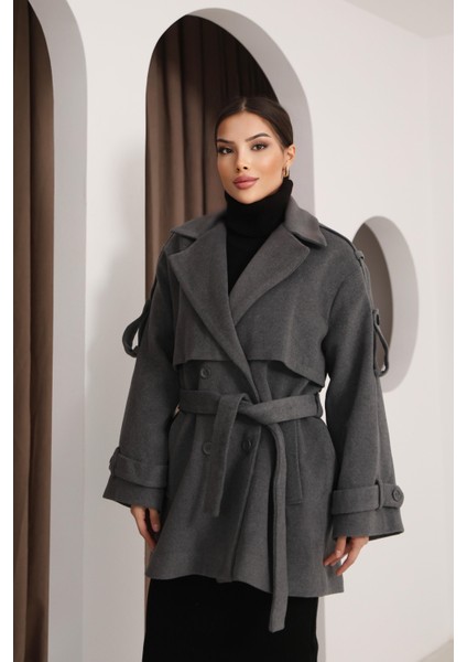 Kadın Gri Kruvaze Oversize Kuşaklı Kaşe Kaban