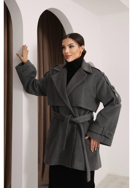 Kadın Gri Kruvaze Oversize Kuşaklı Kaşe Kaban modelleri