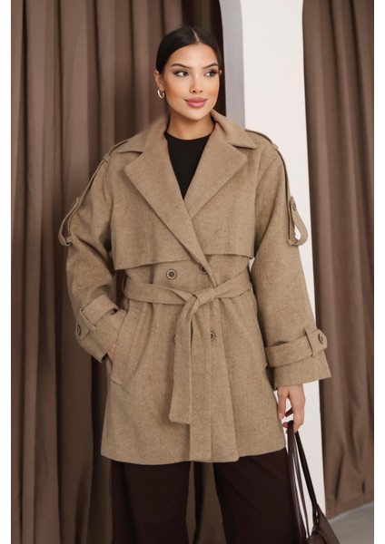 Kadın Vizon Kruvaze Oversize Kuşaklı Kaşe Kaban